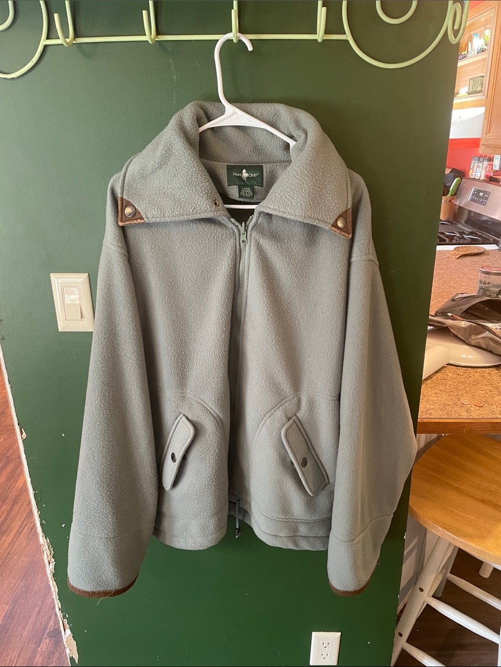 Hunt Club Light Gray Fleece Zip Jacket with Brown Trim Size Large Grande